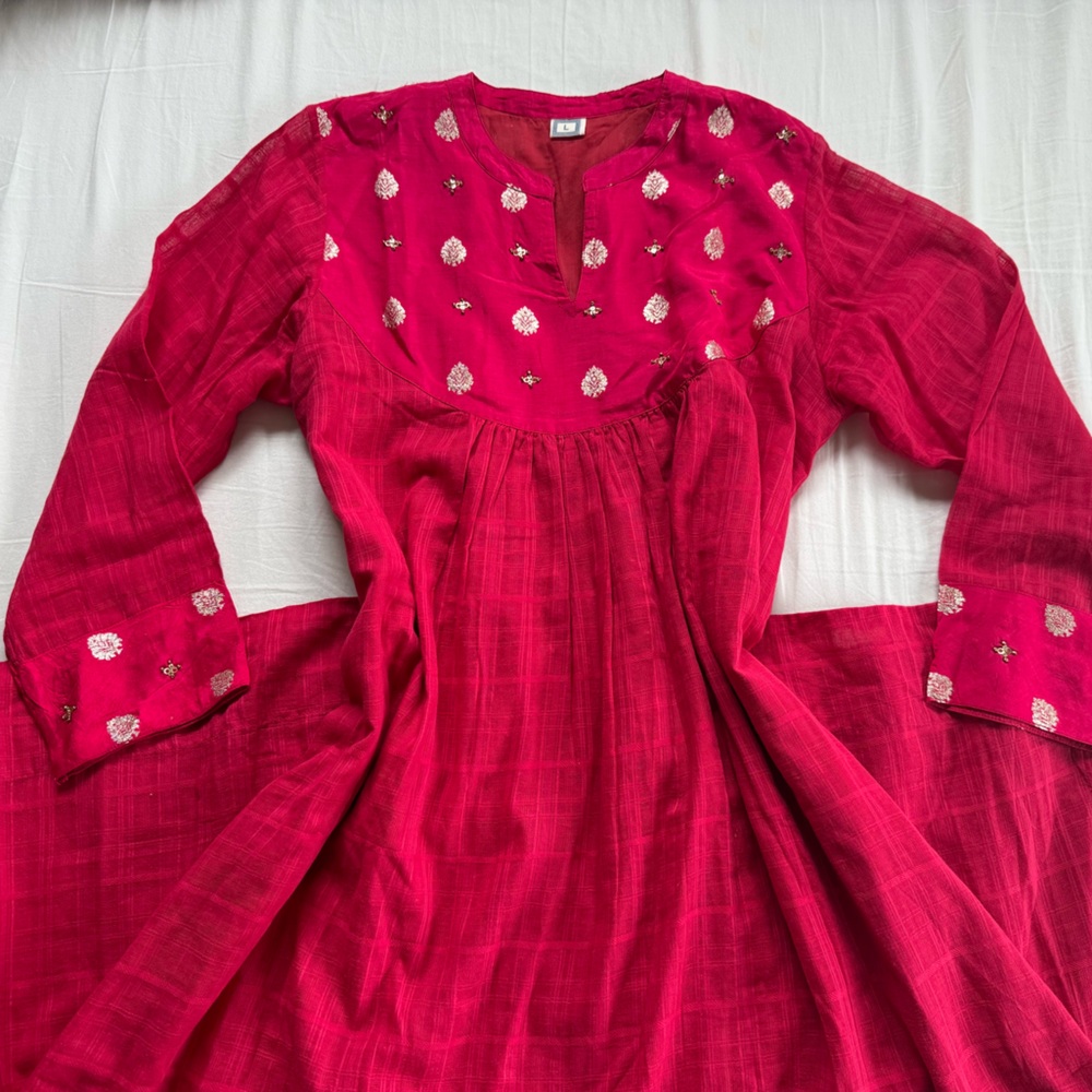 Cottons Jaipur Vibrant Pink Embroidered Dress